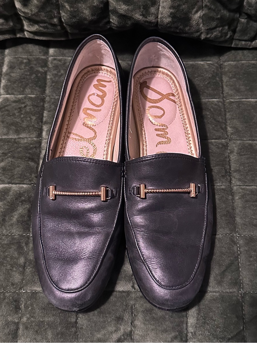 Sam Edelman Black Leather Slip-On Loafers with Gold Accent
